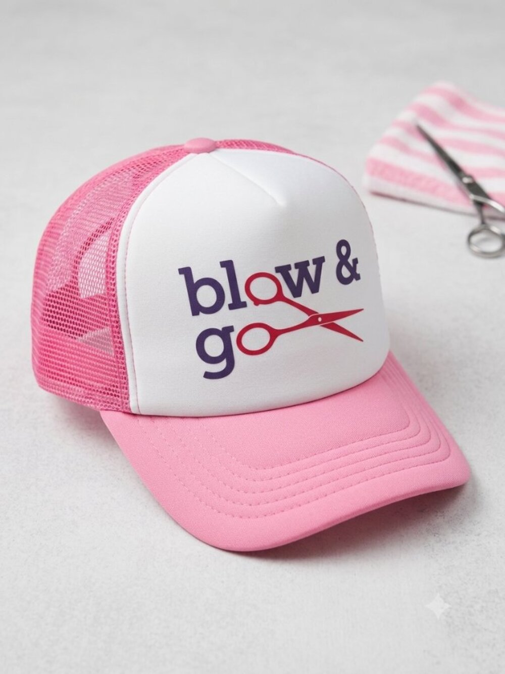 Retro Benidorm Blow & Go Foam Trucker Hat Pink White Solana Resort Snapback Cap